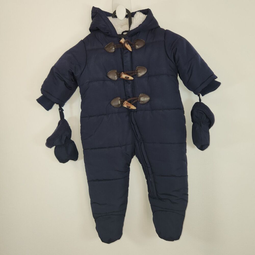 Children's Place Navy Blue Snowsuit 3-6 Months Hooded Zip Up Boys Mittens